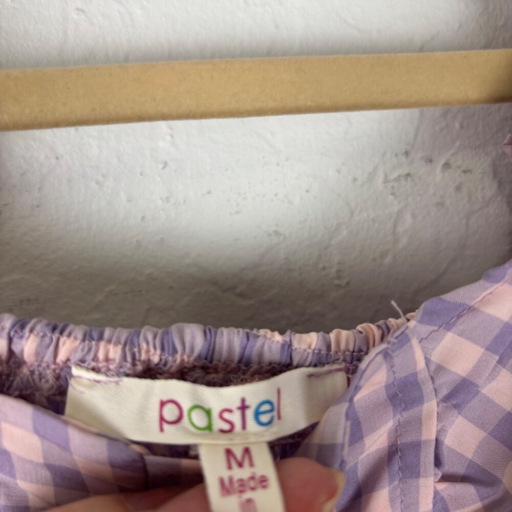 Pastel M Purple Pink Gingham Puff Sleeve Lace-Up Corset Blouse Coquette Top - Picture 2 of 5